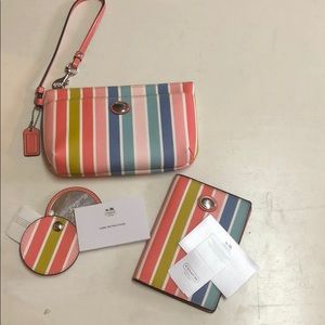 Coach striped passport, mirror, mini purse set